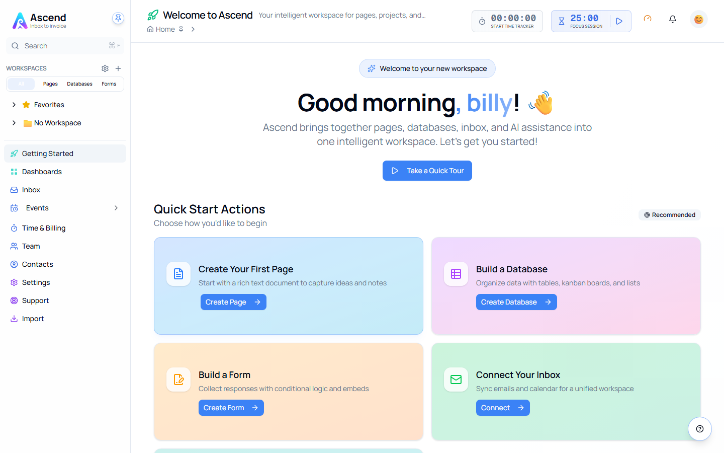 The Getting Started screen, with Quick Start Actions for creating a page, building a database, building a form and connecting your inbox
