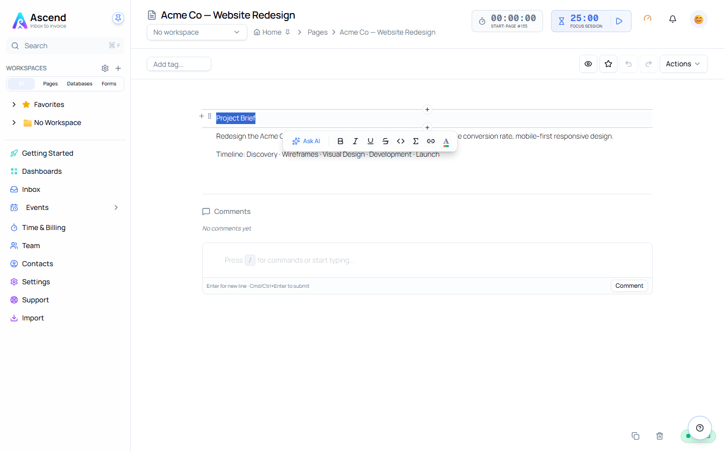 Text selected in a page, with the formatting toolbar above it showing Ask AI, bold, italic, underline, strikethrough, code, formula, link and colour