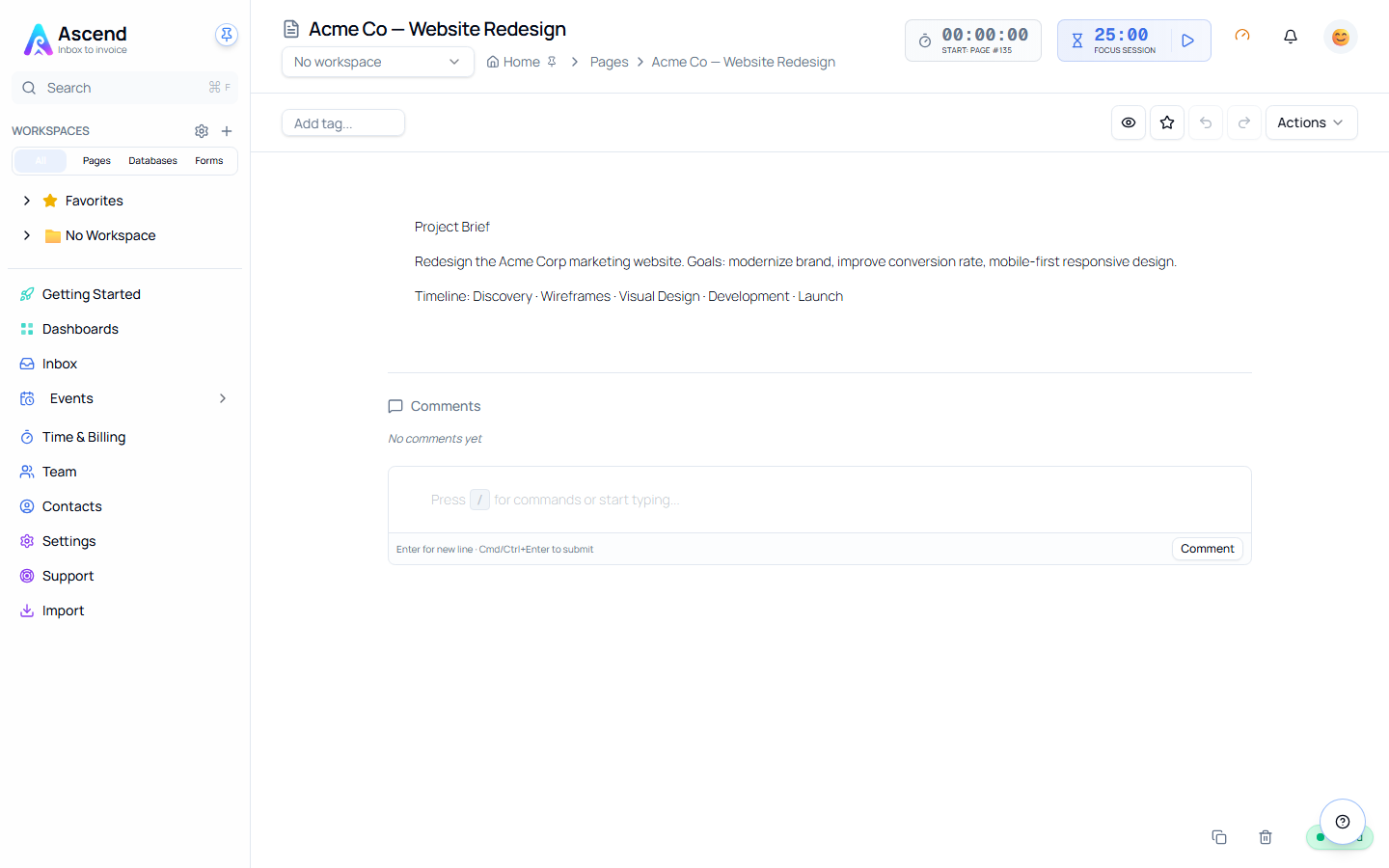 A page open in the editor, with its title, breadcrumb, tag field and Actions menu, and the comments section below the content