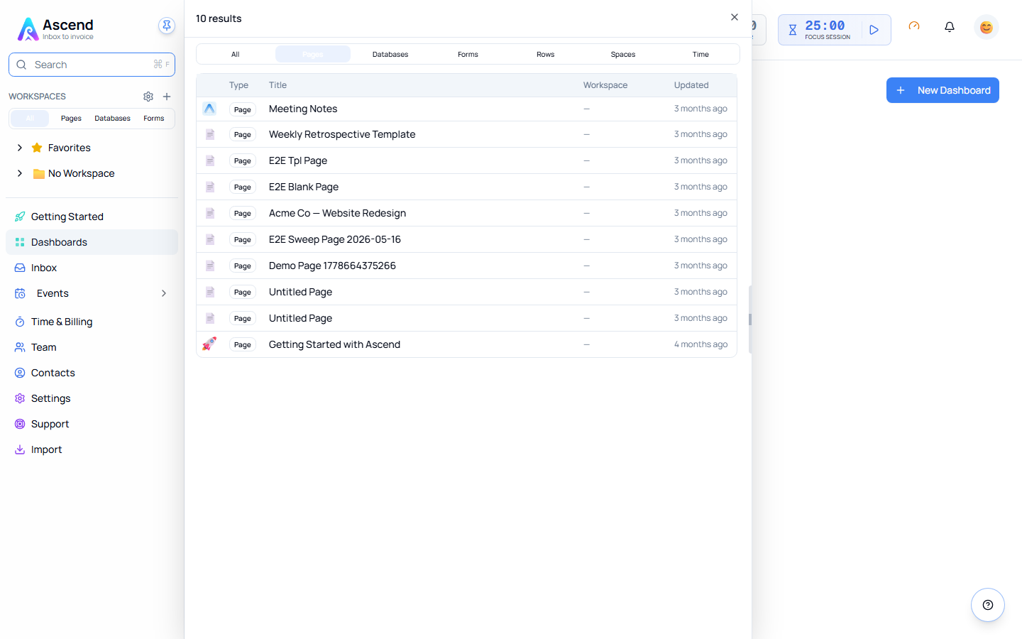 The search panel filtered to Pages, listing every page with its workspace and when it was last updated