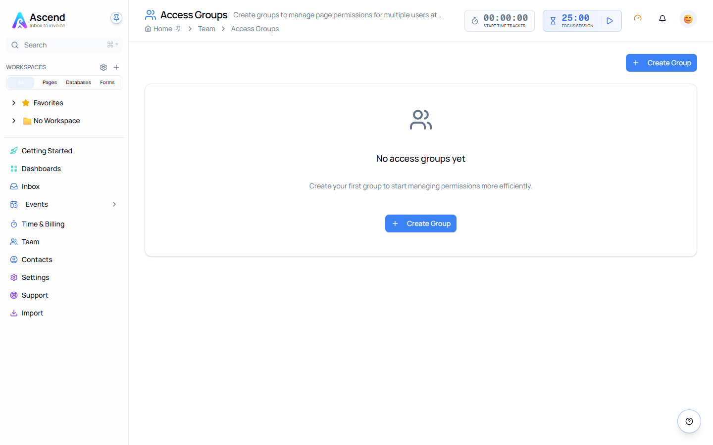 The Access Groups page on a workspace with no groups yet, showing the Create Group action