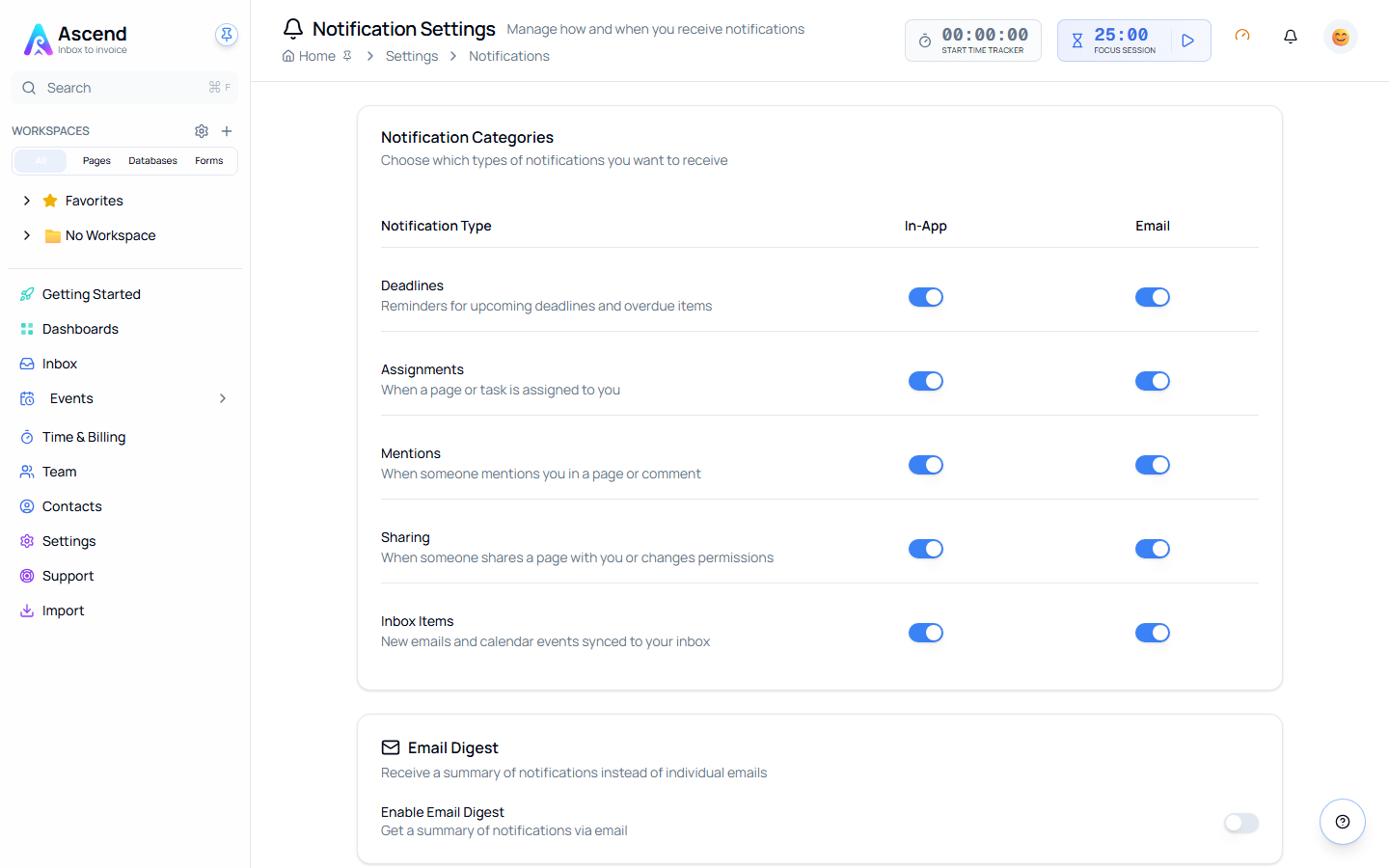Notification Settings, with in-app and email toggles for Deadlines, Assignments, Mentions, Sharing and Inbox Items, and the Email Digest section below