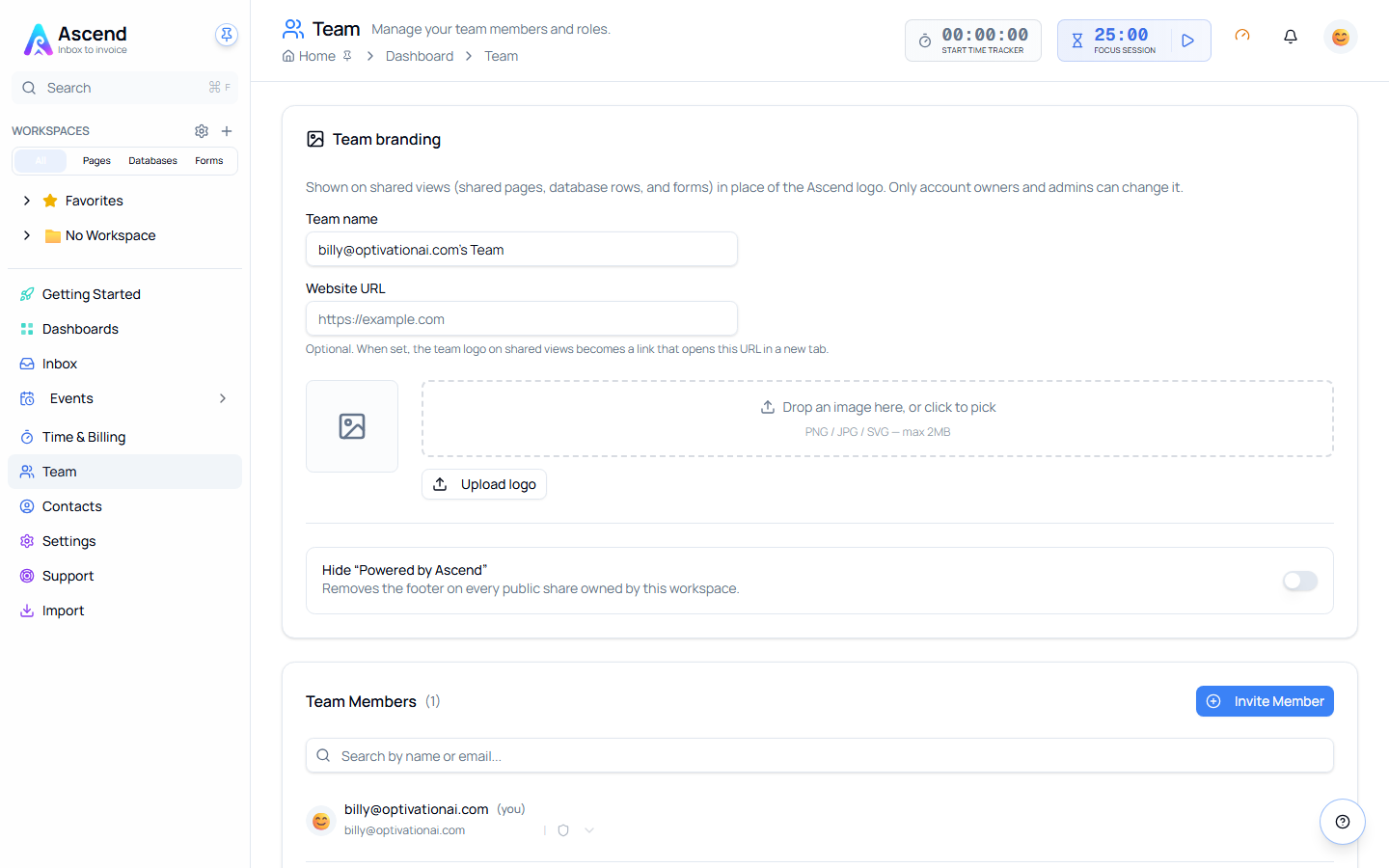 The Team page, showing Team branding with the team name, website URL and logo upload, and the Team Members list with Invite Member