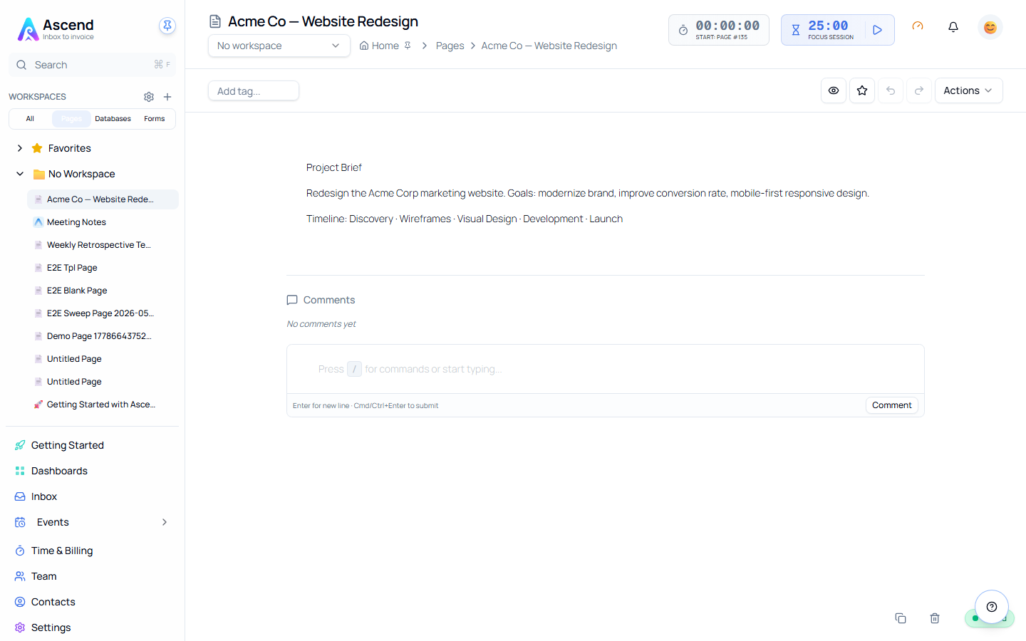 The sidebar tree with a workspace expanded and the type filter set to Pages, listing every page in that workspace with the open one highlighted