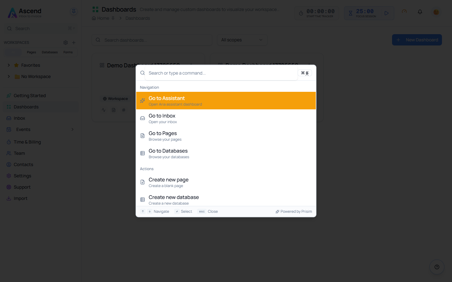 The command palette showing Navigation and Actions groups