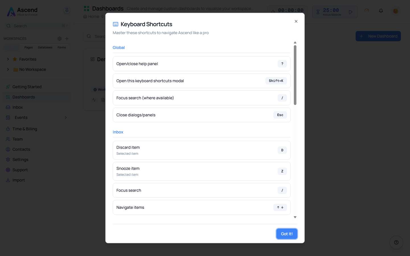 The Keyboard Shortcuts panel, listing Global and Inbox shortcuts