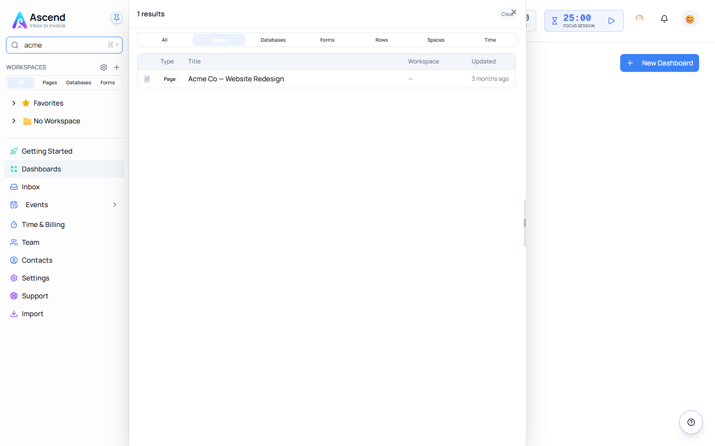 The search panel showing a result, with All, Pages, Databases, Forms, Rows, Spaces and Time tabs