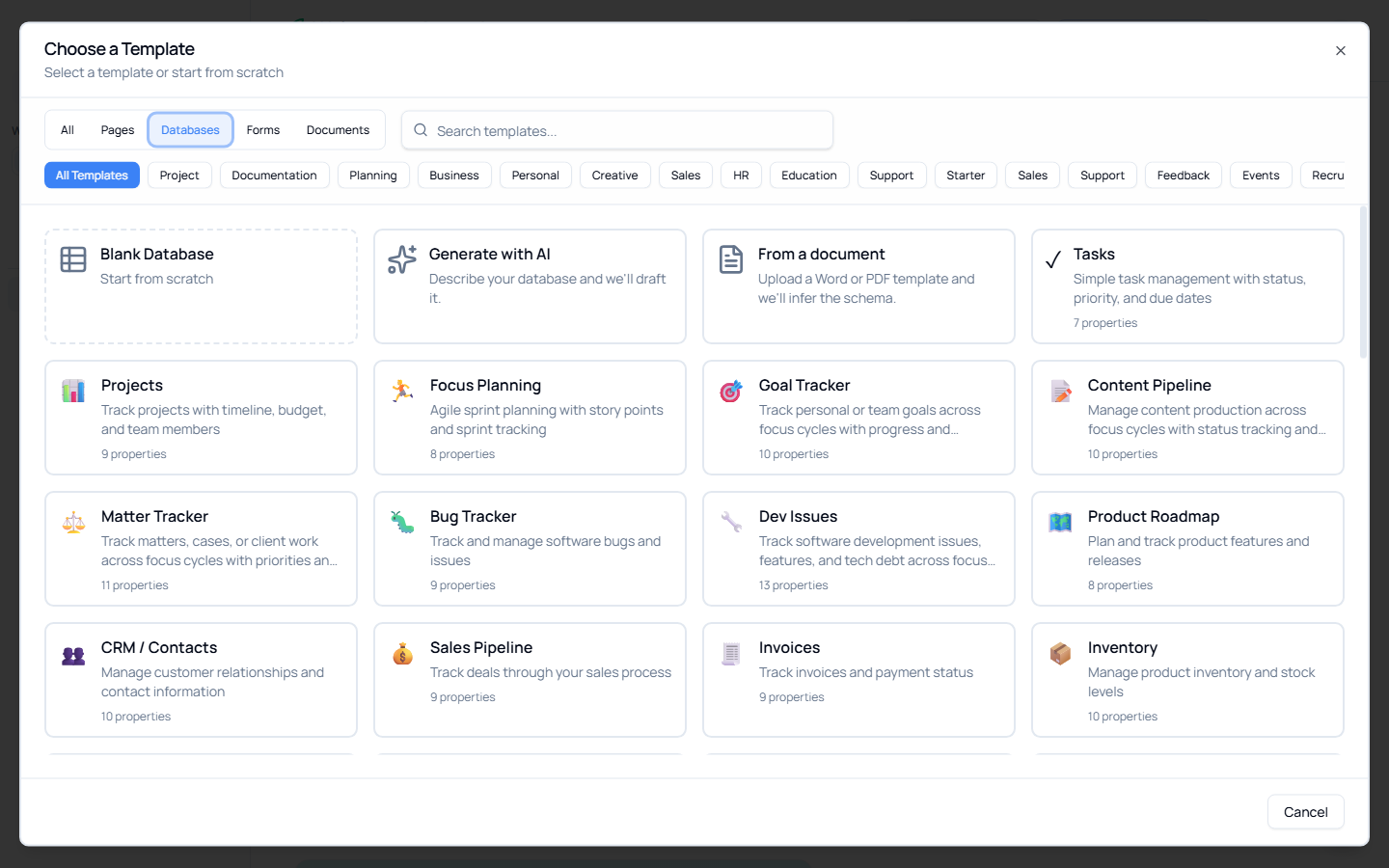 The Choose a Template dialog on the Databases tab, showing Blank Database, Generate with AI, From a document, and templates such as Tasks, Projects, CRM / Contacts and Sales Pipeline with their property counts