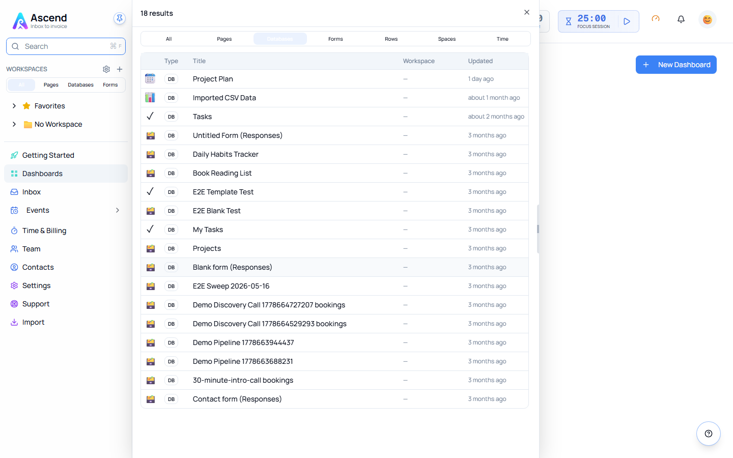 The search panel filtered to Databases, listing every database on the team with its workspace and when it was last updated