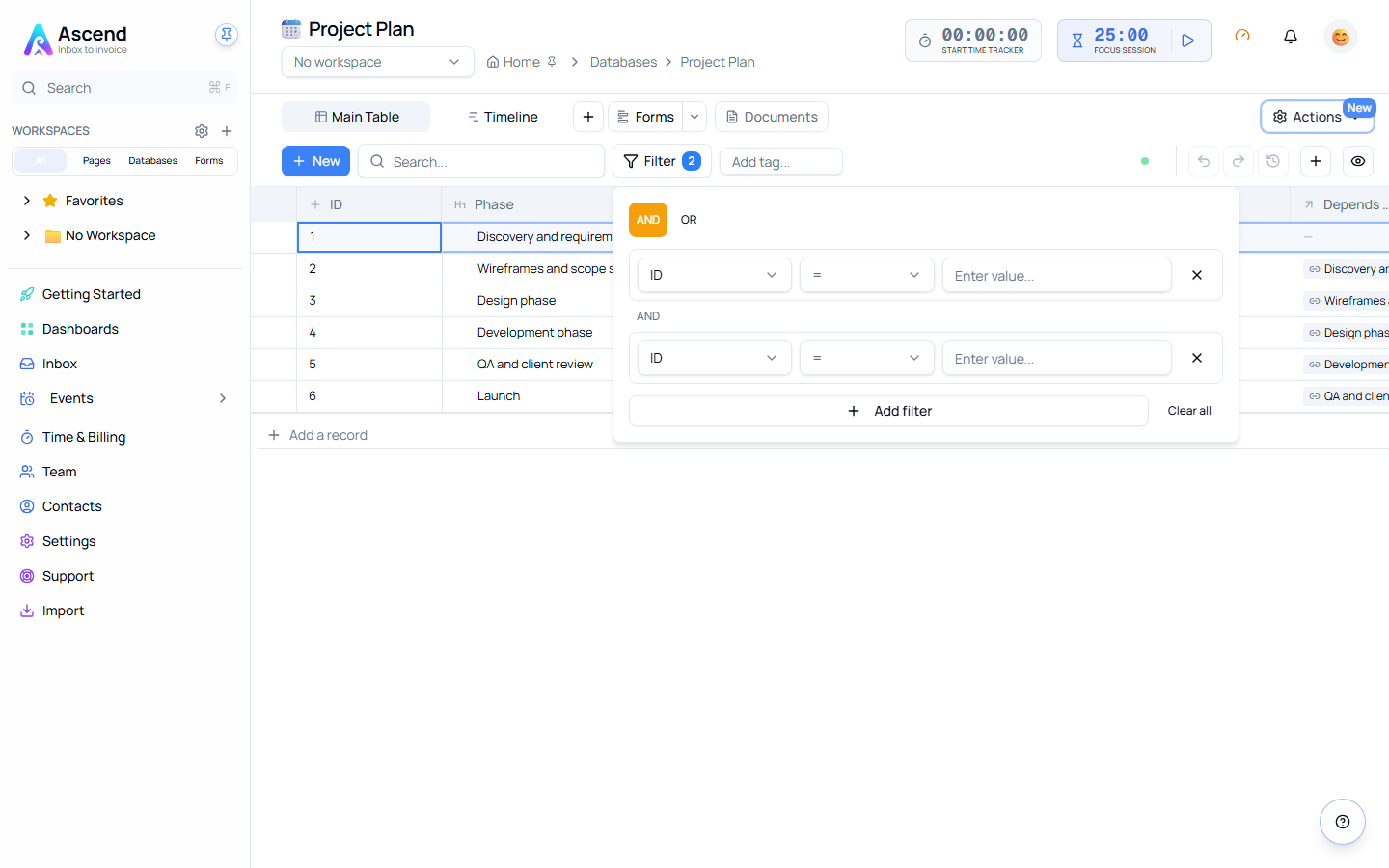 The filter popover on a table view, showing a filter row with a property, an operator and a value, plus Add filter and Clear all