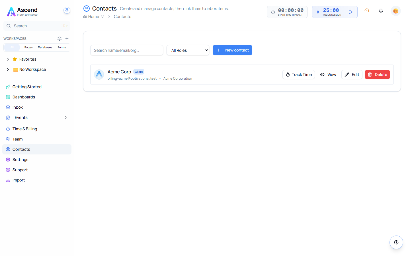 The Contacts page, with search, a role filter and New contact, and one contact row showing its role badge and the Track Time, View, Edit and Delete actions