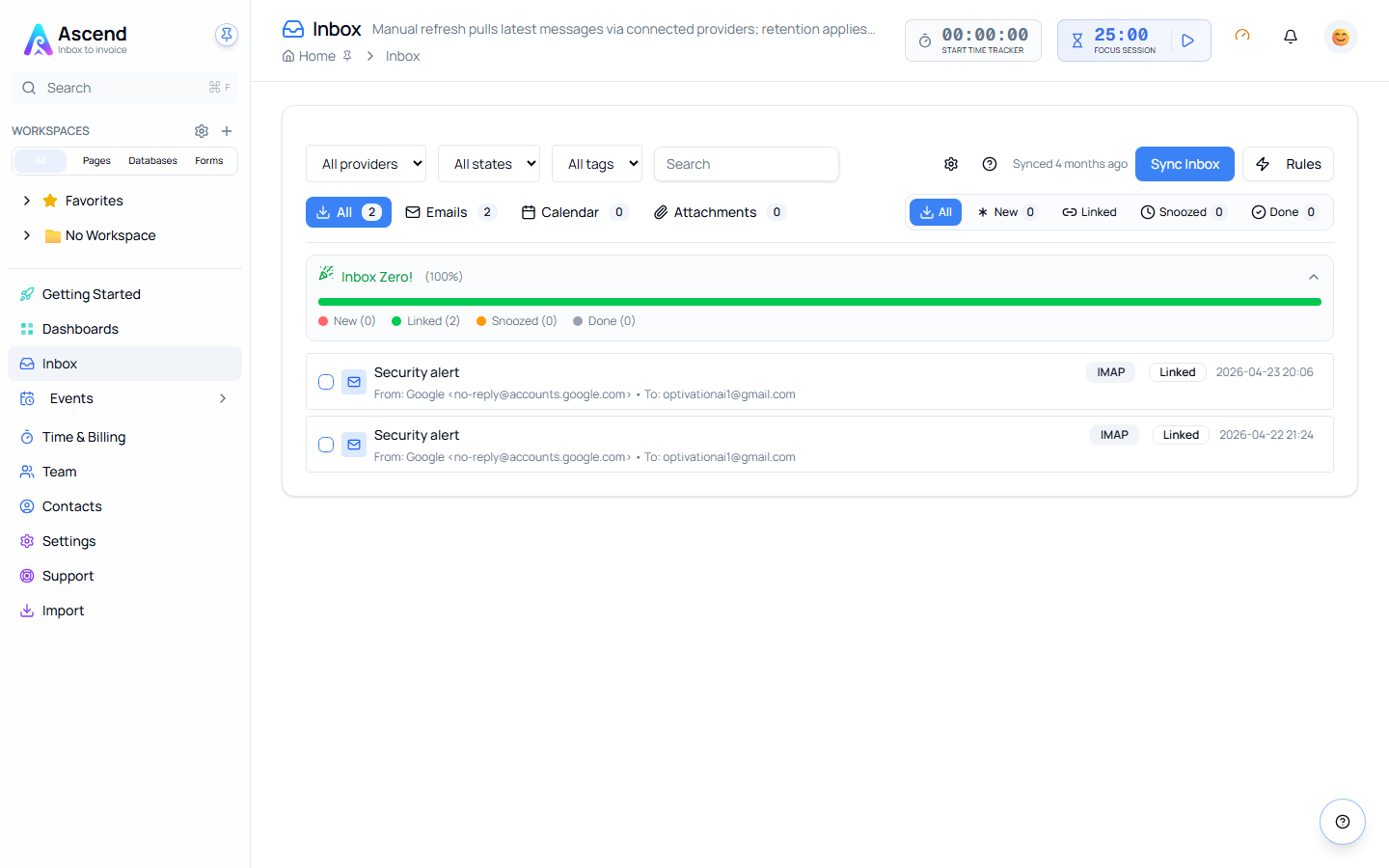 The Inbox showing synced messages with their provider and link status