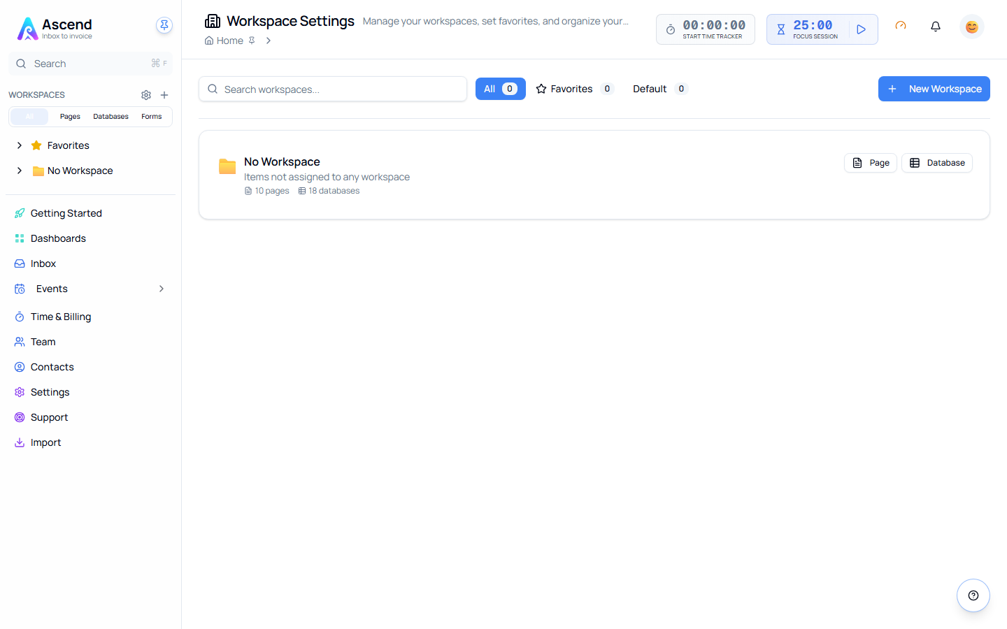 The Workspace Settings page, with search, All / Favorites / Default filters, New Workspace, and a card per workspace showing how many pages and databases it holds