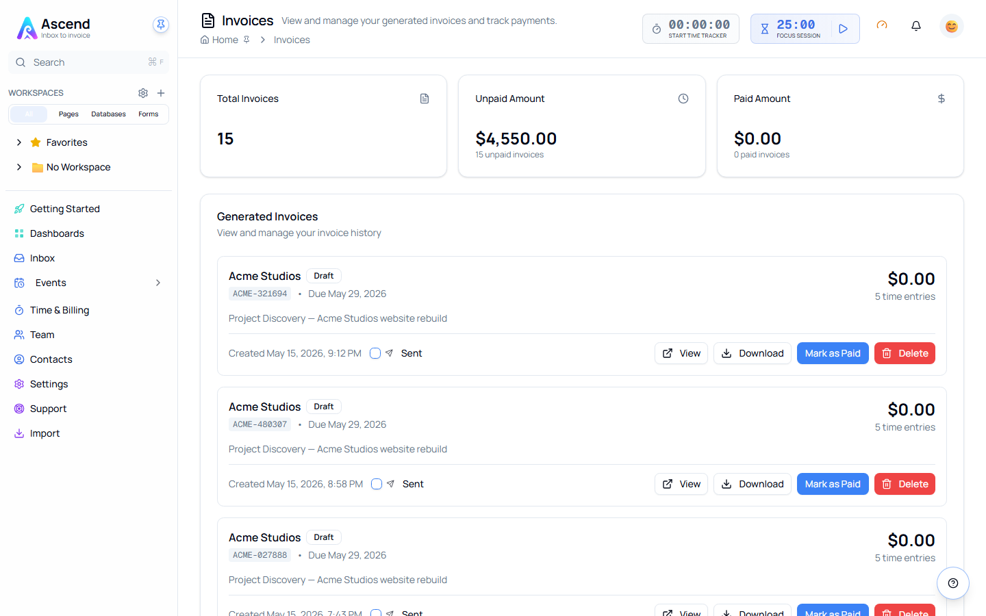 The Invoices page, with totals for invoice count, unpaid amount and paid amount above a list of generated invoices, each with View, Download, Mark as Paid and Delete