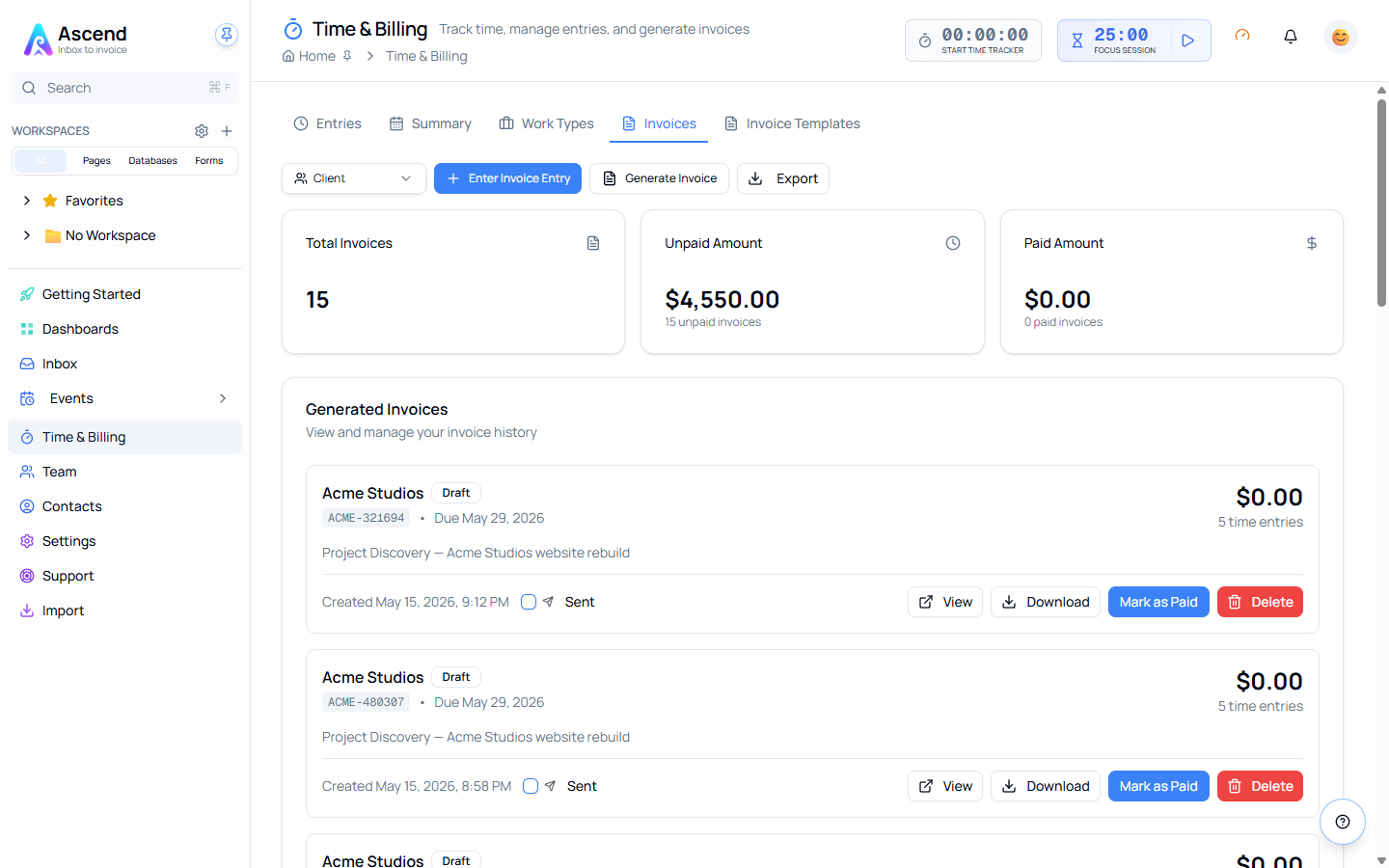 The Invoices tab in Time & Billing