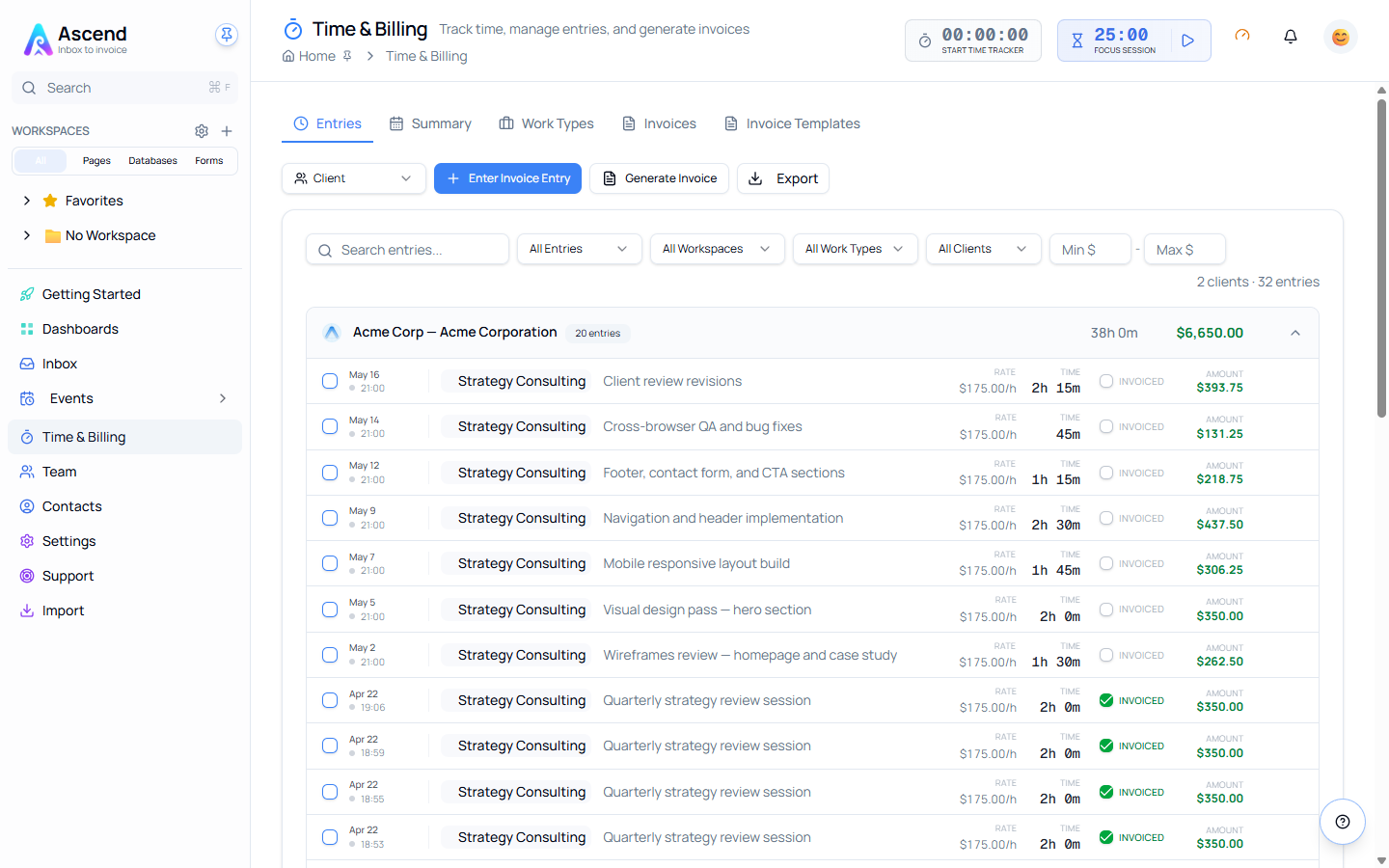 The Time & Billing page, showing the Entries tab with time entries grouped by client