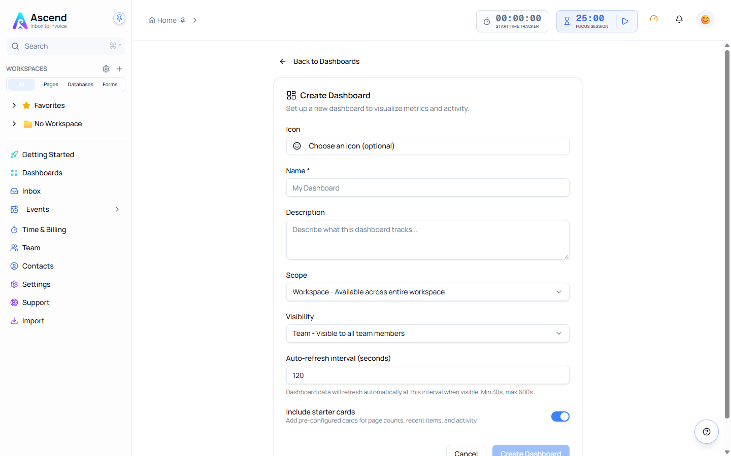 The Create Dashboard form, showing icon, name, description, scope, visibility, auto-refresh interval and the starter-cards toggle