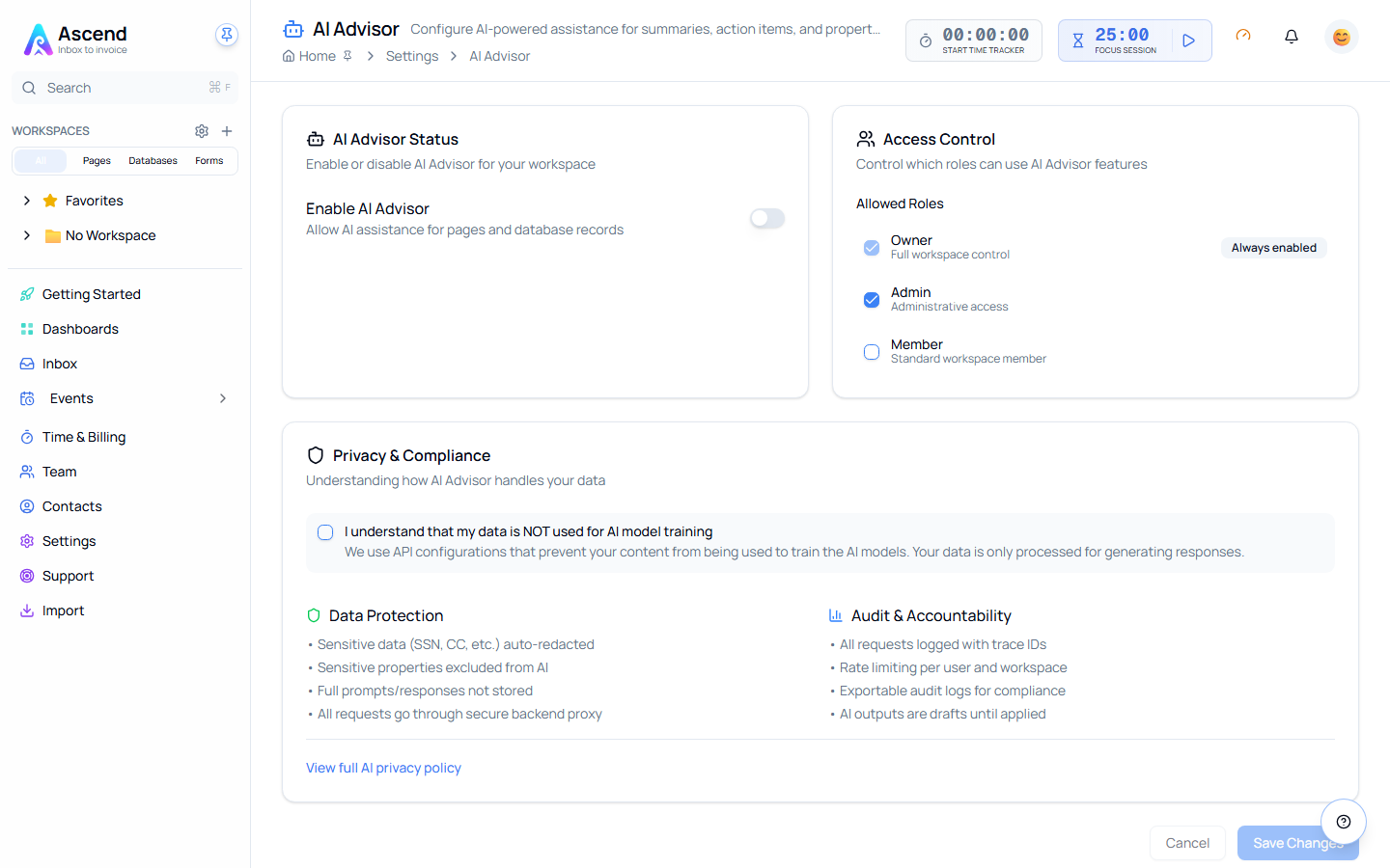 The AI Advisor settings page, showing the enable toggle, role-based access control, and the privacy and compliance panel