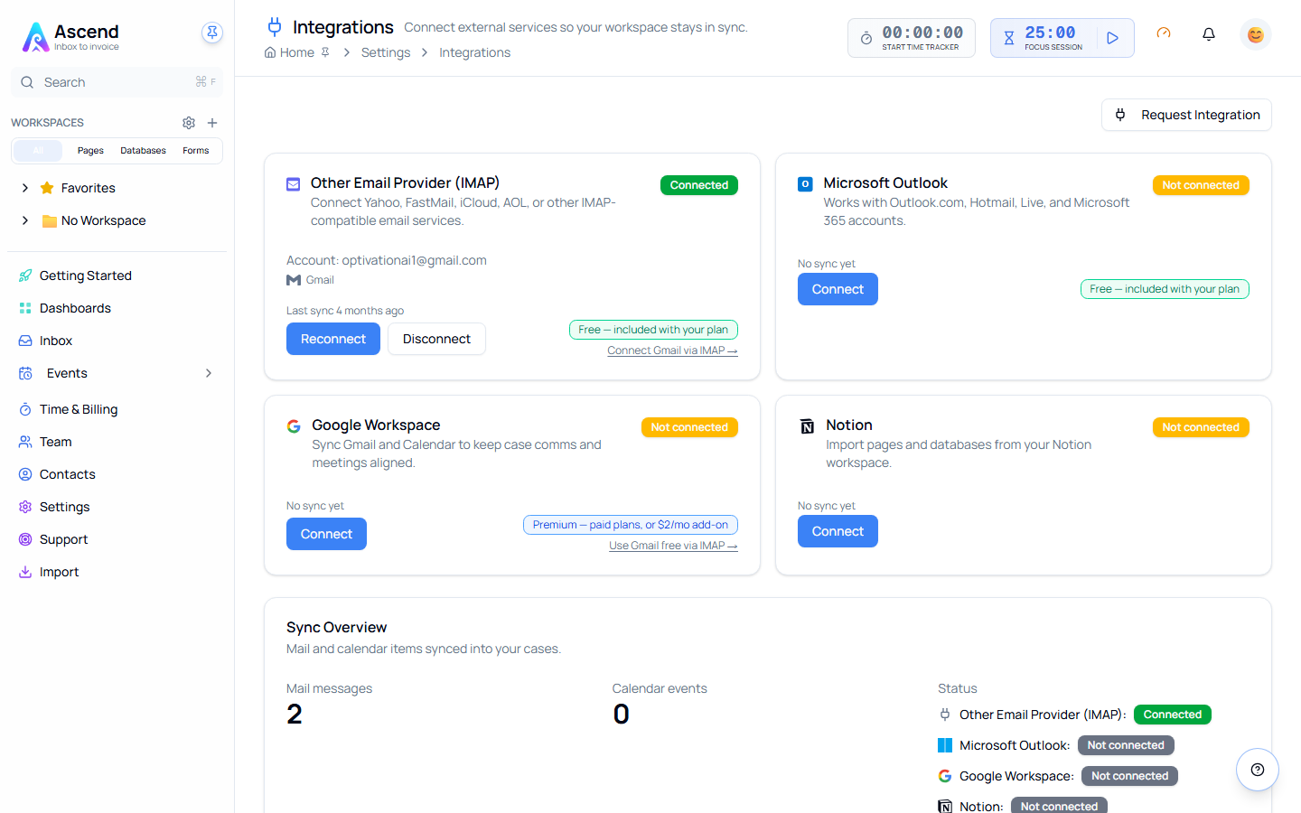 The Integrations page, with cards for IMAP email, Microsoft Outlook, Google Workspace and Notion, each showing its connection status and plan requirement, and a Sync Overview below