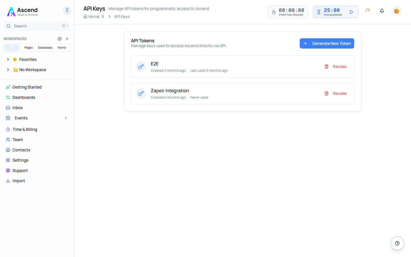 The API Keys page listing existing tokens with Revoke actions
