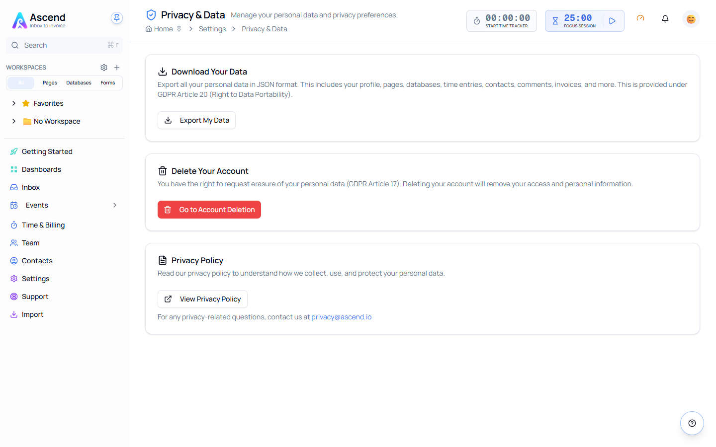 The Privacy & Data page showing Download Your Data, Delete Your Account and Privacy Policy