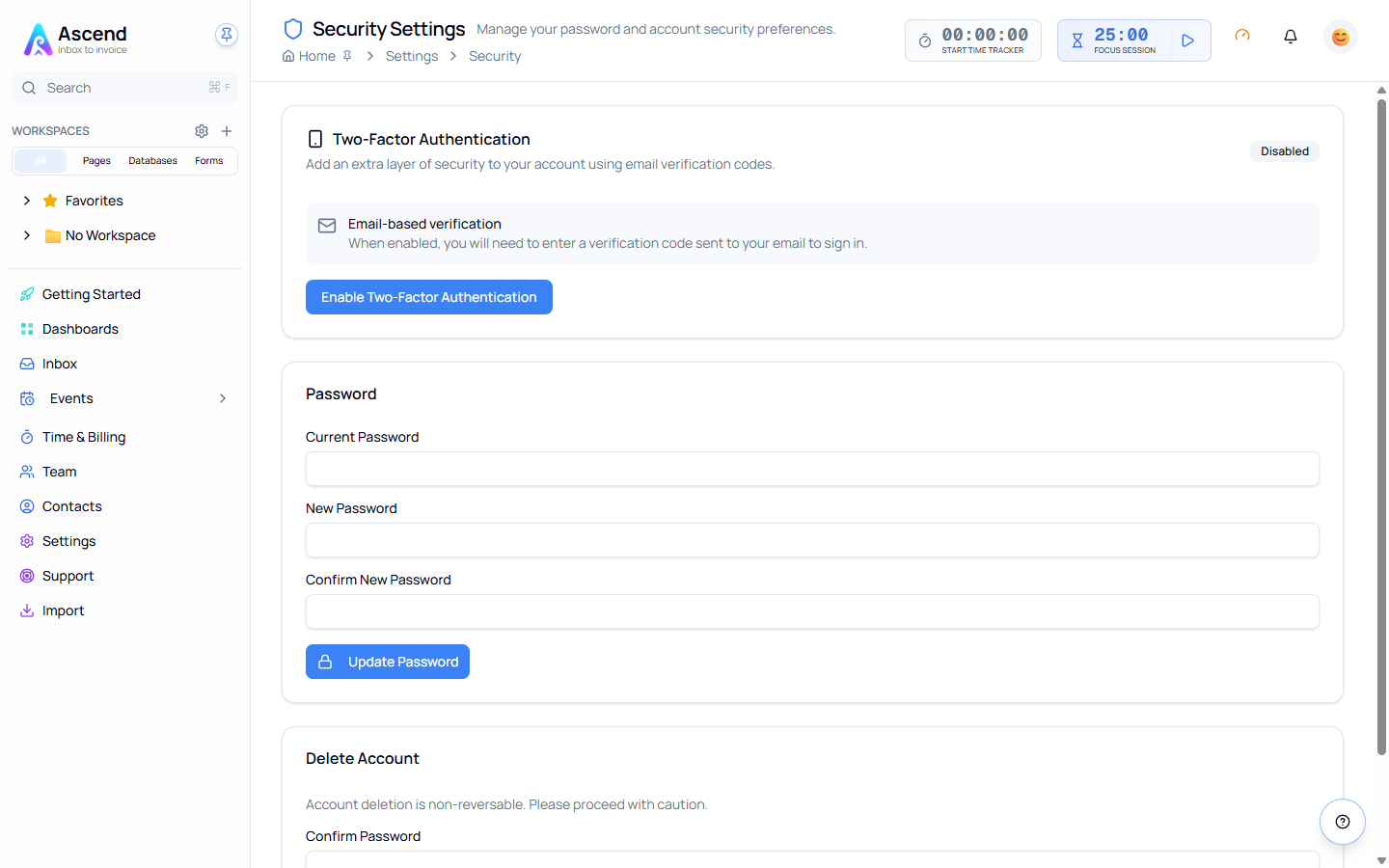 The Security Settings page showing Two-Factor Authentication, Password and Delete Account