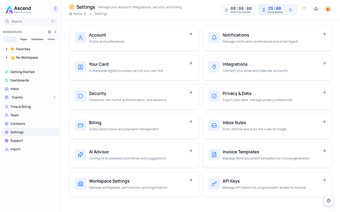 The Settings page showing tiles for Account, Notifications, Your Card, Integrations, Security, Privacy & Data, Billing, Inbox Rules, AI Advisor, Invoice Templates, Workspace Settings and API Keys