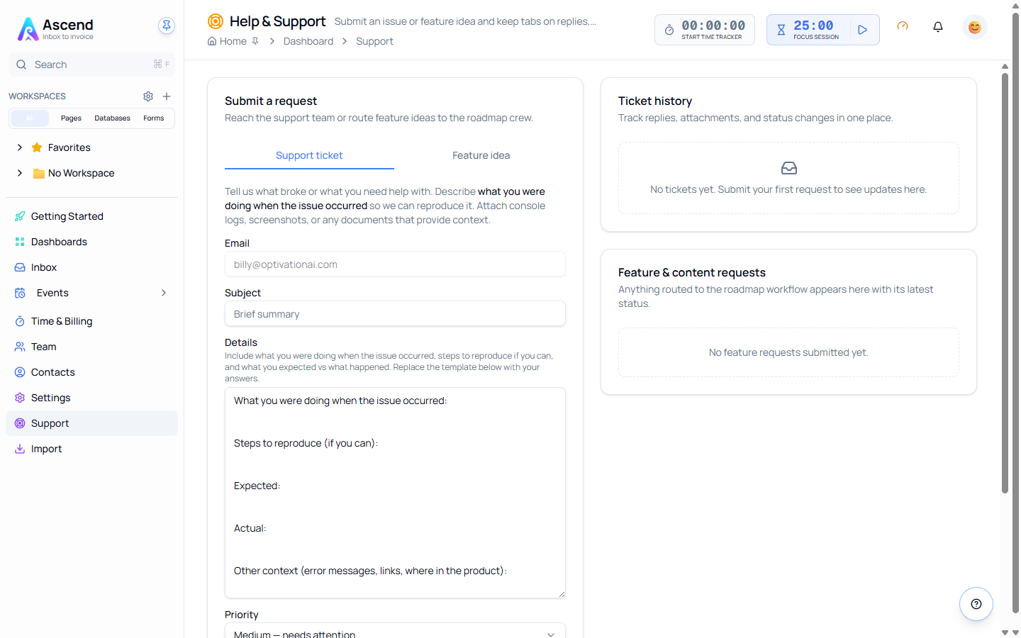 The Help & Support page showing the Support ticket and Feature idea tabs, and the ticket history panel