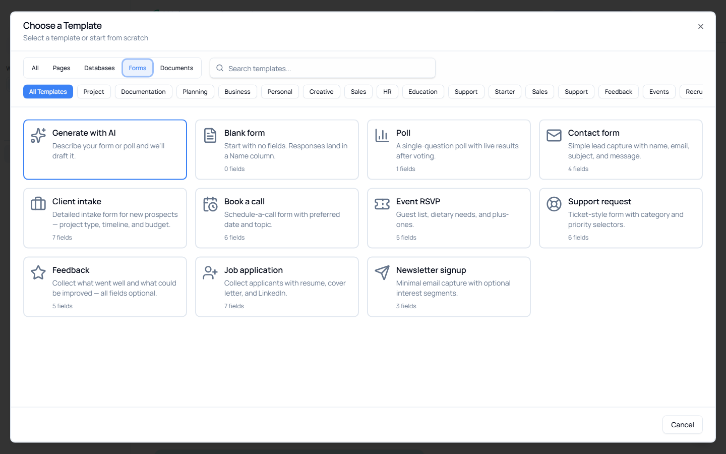 The Choose a Template dialog on the Forms tab, showing Generate with AI, Blank form, Poll, Contact form, Client intake, Book a call and other starters with their field counts