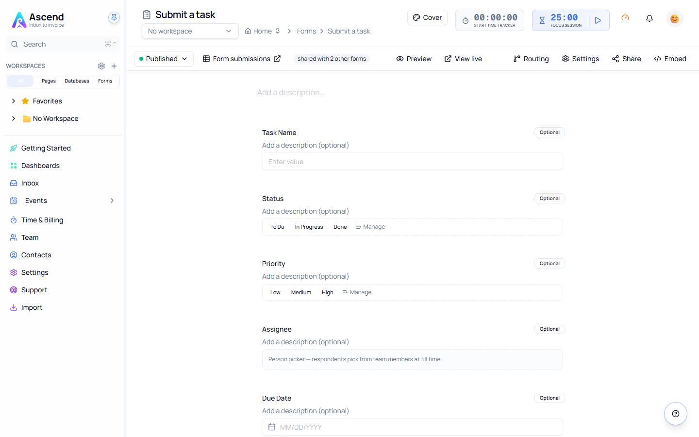 A published form open in the designer, with the status dropdown and Preview, View live, Routing, Settings, Share and Embed in the toolbar, and its fields laid out below