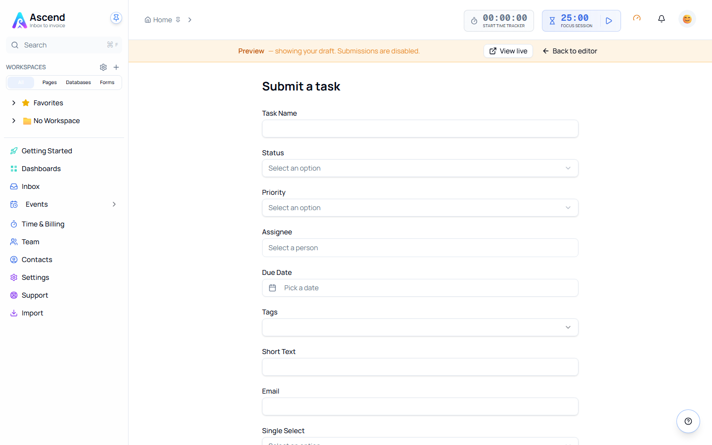 The owner-only preview of a form, with an amber bar reading "Preview — showing your draft. Submissions are disabled."