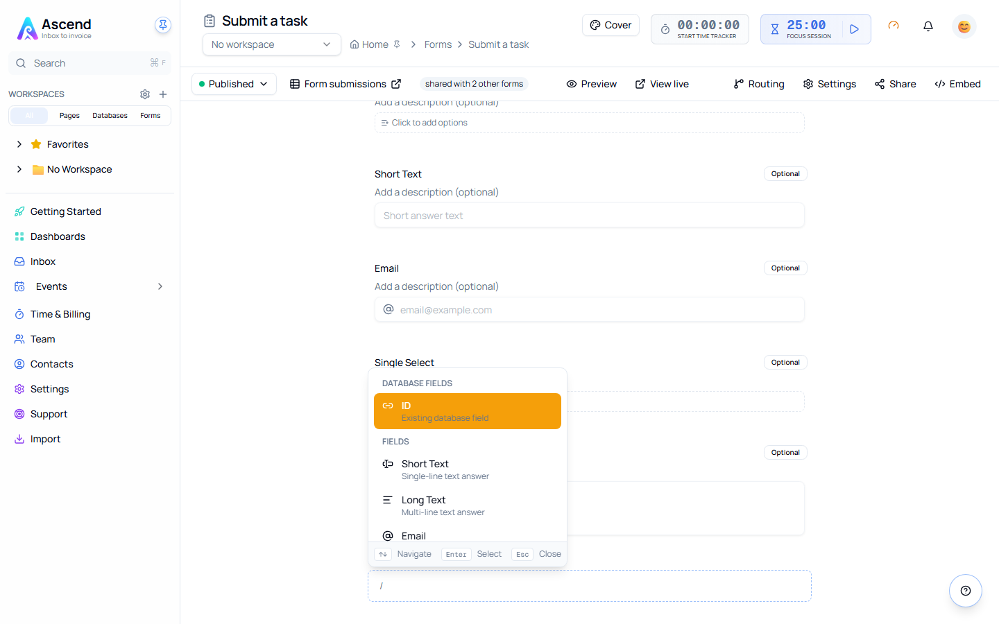 The slash menu in the form designer, listing existing Database Fields above the Fields group with Short Text, Long Text and Email