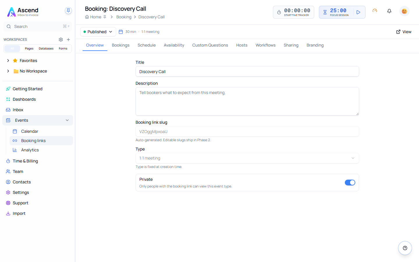 The event-type designer on the Overview tab, with tabs for Bookings, Schedule, Availability, Custom Questions, Hosts, Workflows, Sharing and Branding