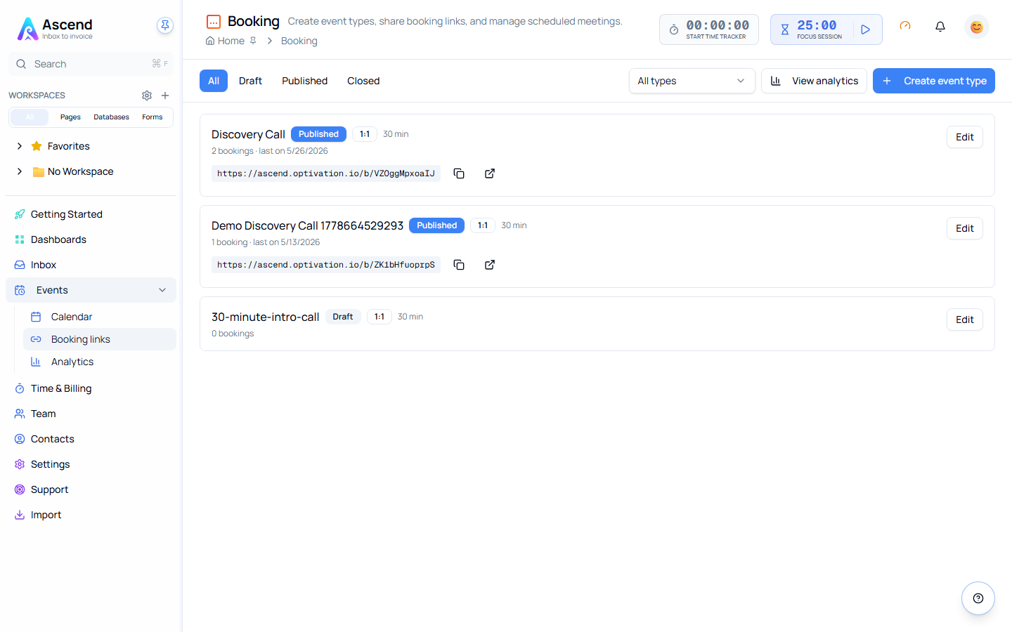 The Booking page listing event types with their status, duration, booking count and public link, and the Create event type action