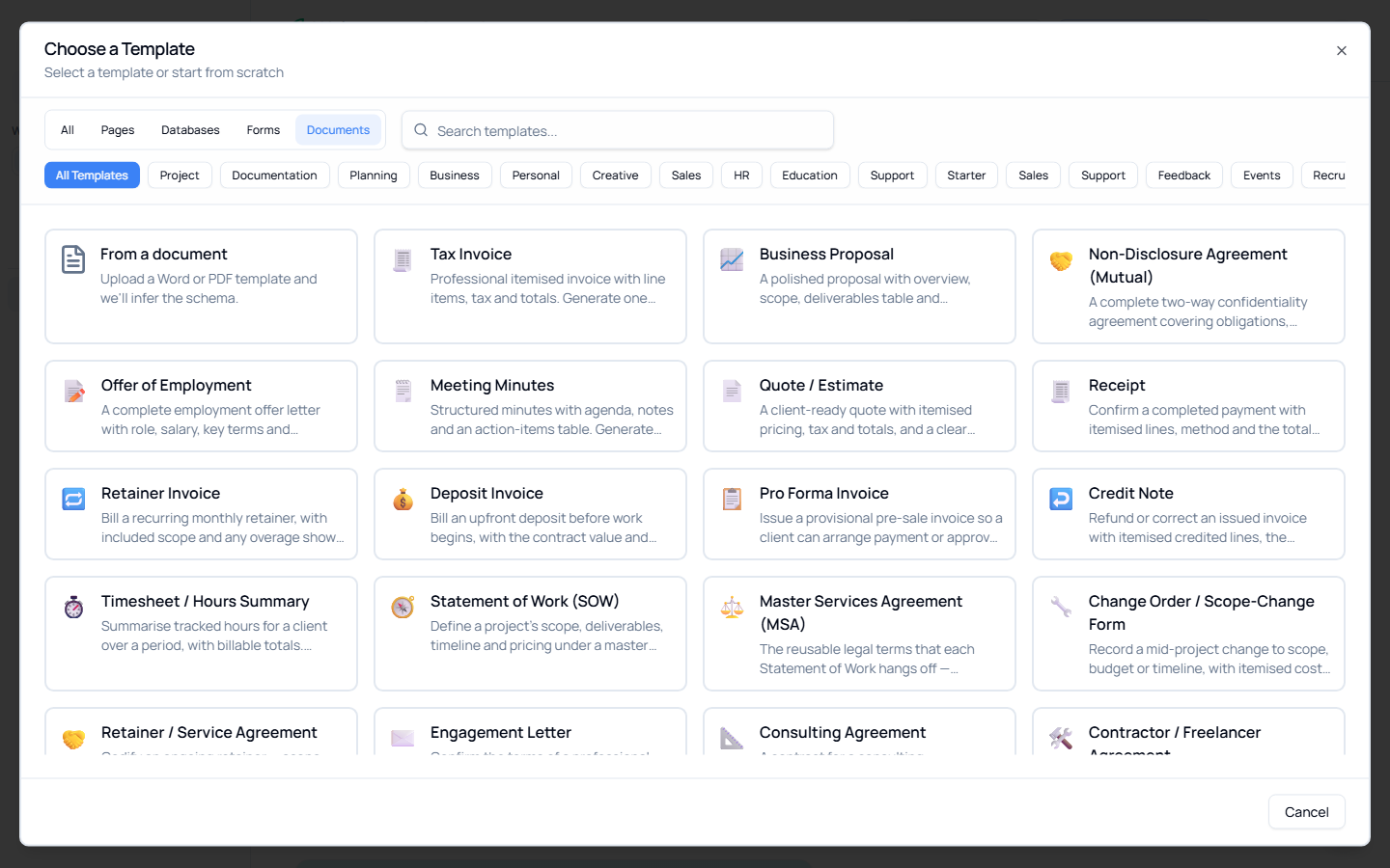The Choose a Template dialog on the Documents tab, with From a document alongside ready-made Tax Invoice, Business Proposal, NDA, Offer of Employment and Statement of Work templates
