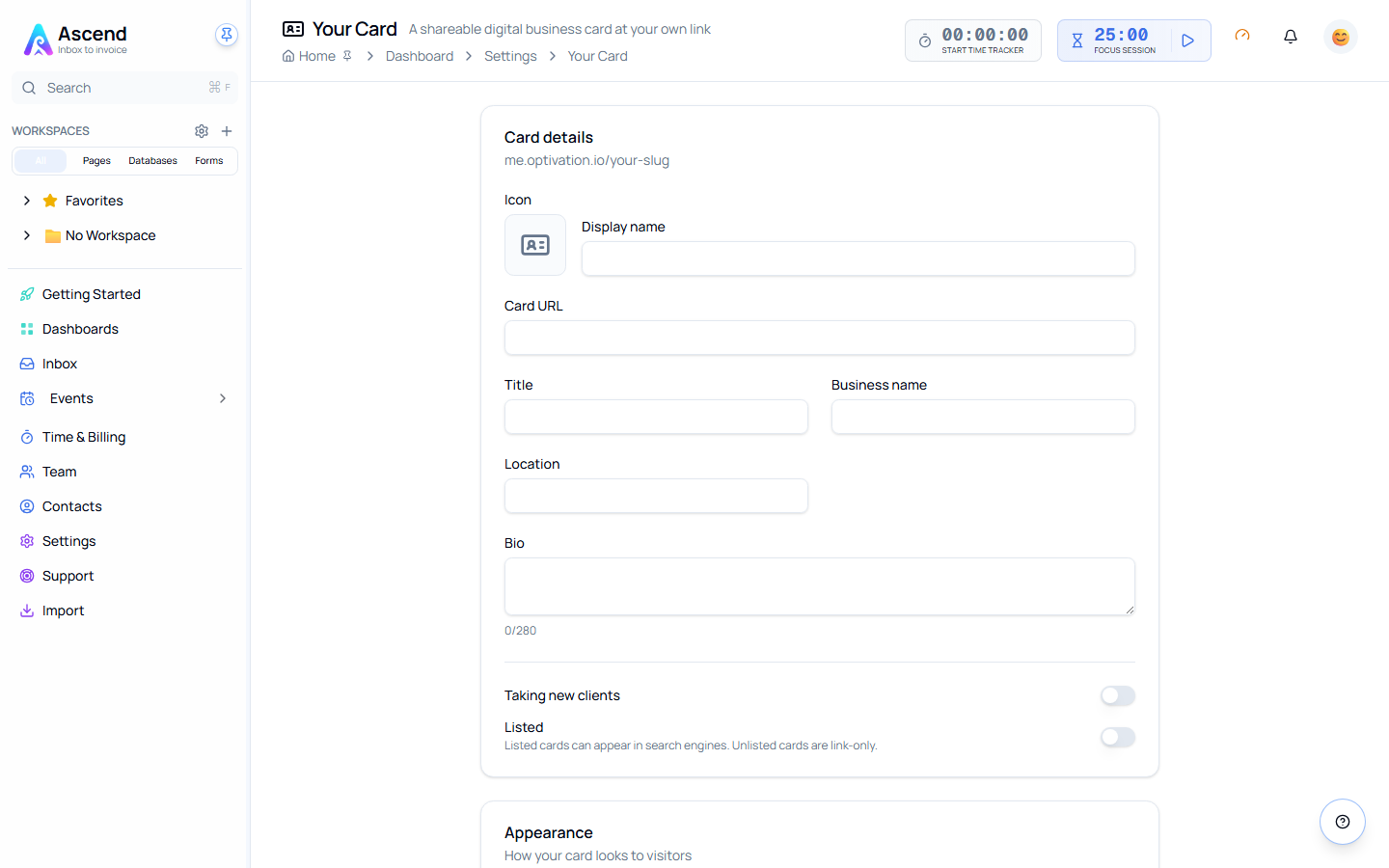 The Your Card settings page, with icon, display name, card URL, title, business name, location and bio, and the Taking new clients and Listed toggles