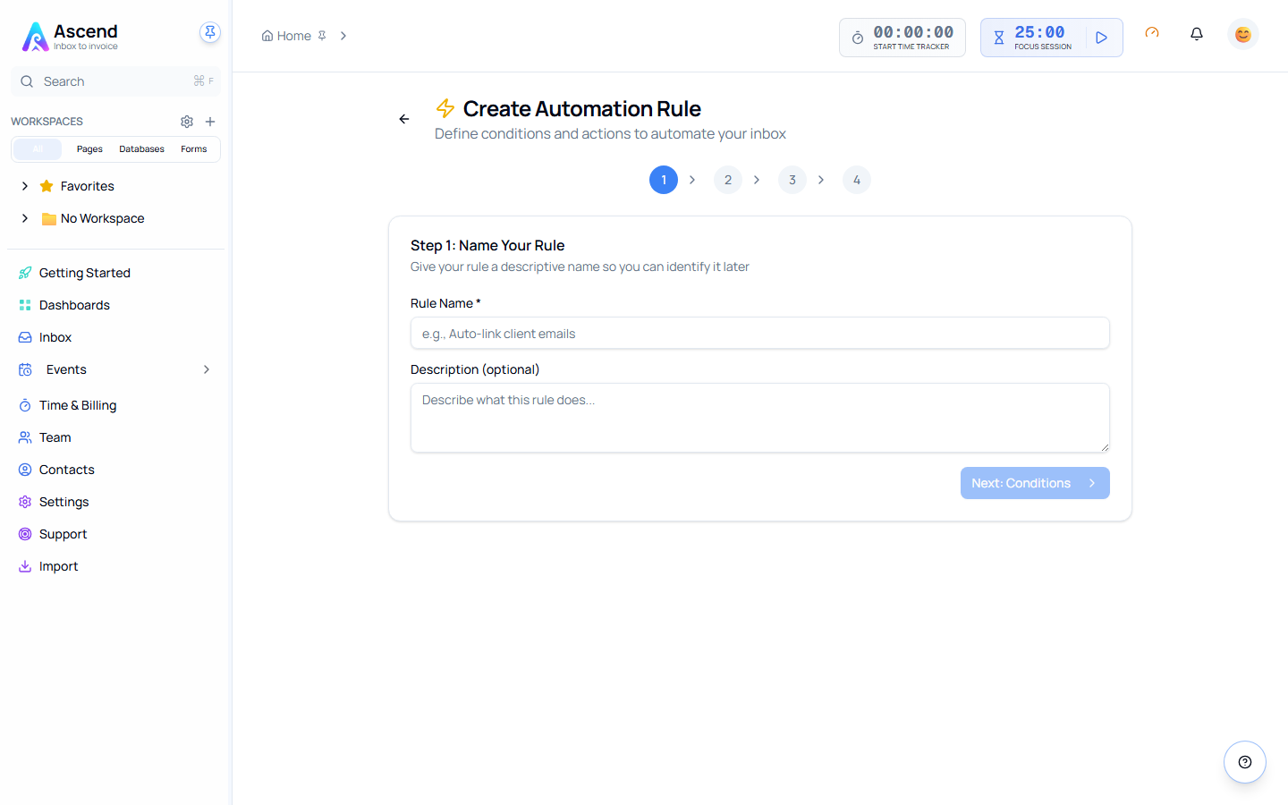Step 1 of the Create Automation Rule wizard, asking for a rule name and description, with four numbered steps across the top