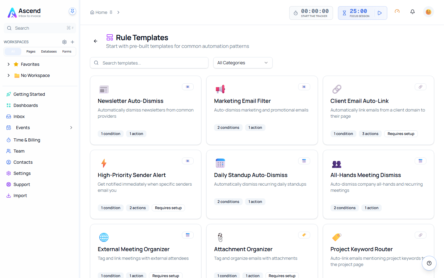 The Rule Templates gallery, with cards such as Newsletter Auto-Dismiss, Client Email Auto-Link and High-Priority Sender Alert, each showing its condition and action counts