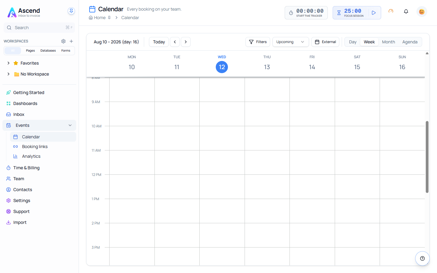 The calendar in Week view, showing the toolbar with Today, navigation arrows, Filters, a status dropdown, the External toggle and the Day / Week / Month / Agenda tabs