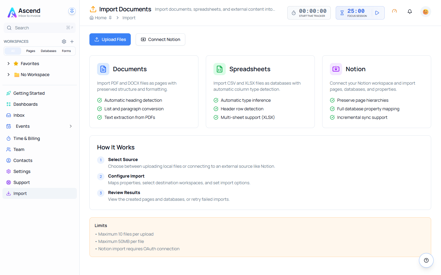 The Import Documents page, showing the Documents, Spreadsheets and Notion cards