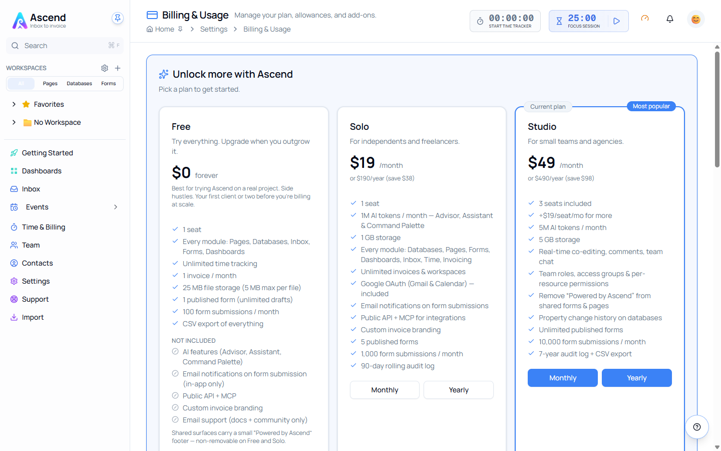 The Billing & Usage page showing plan cards for Free, Solo and Studio