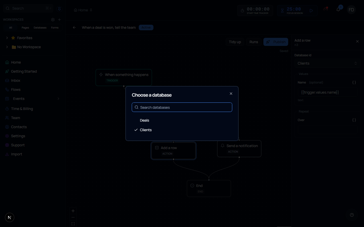The Choose a database dialog open over the canvas, with a search box and the workspace's databases listed, a tick against the one currently chosen