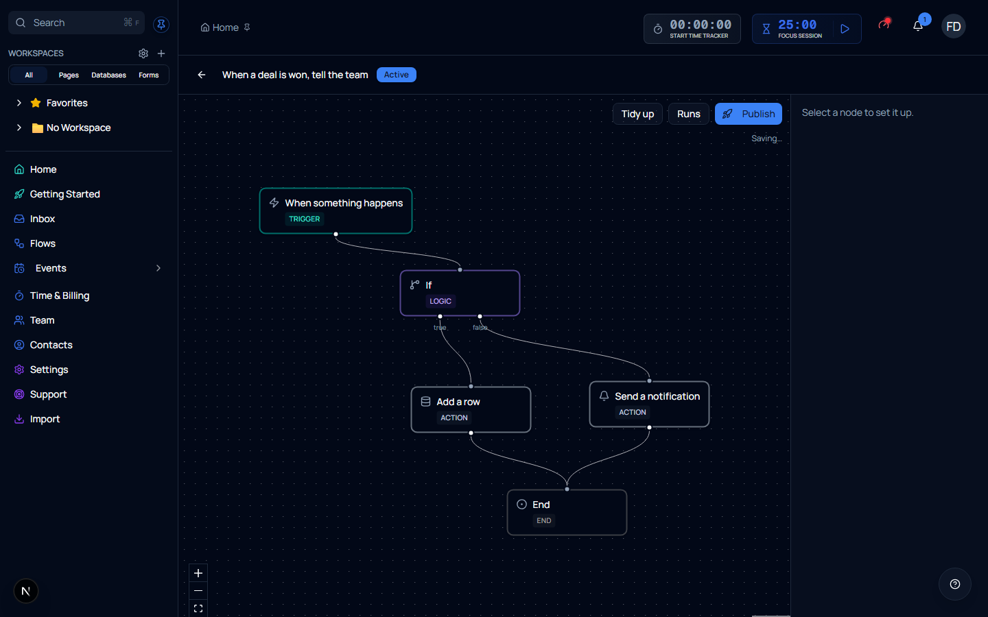 The flow designer showing a trigger connected to an If step, which branches into Add a row and Send a notification, both rejoining at an End step