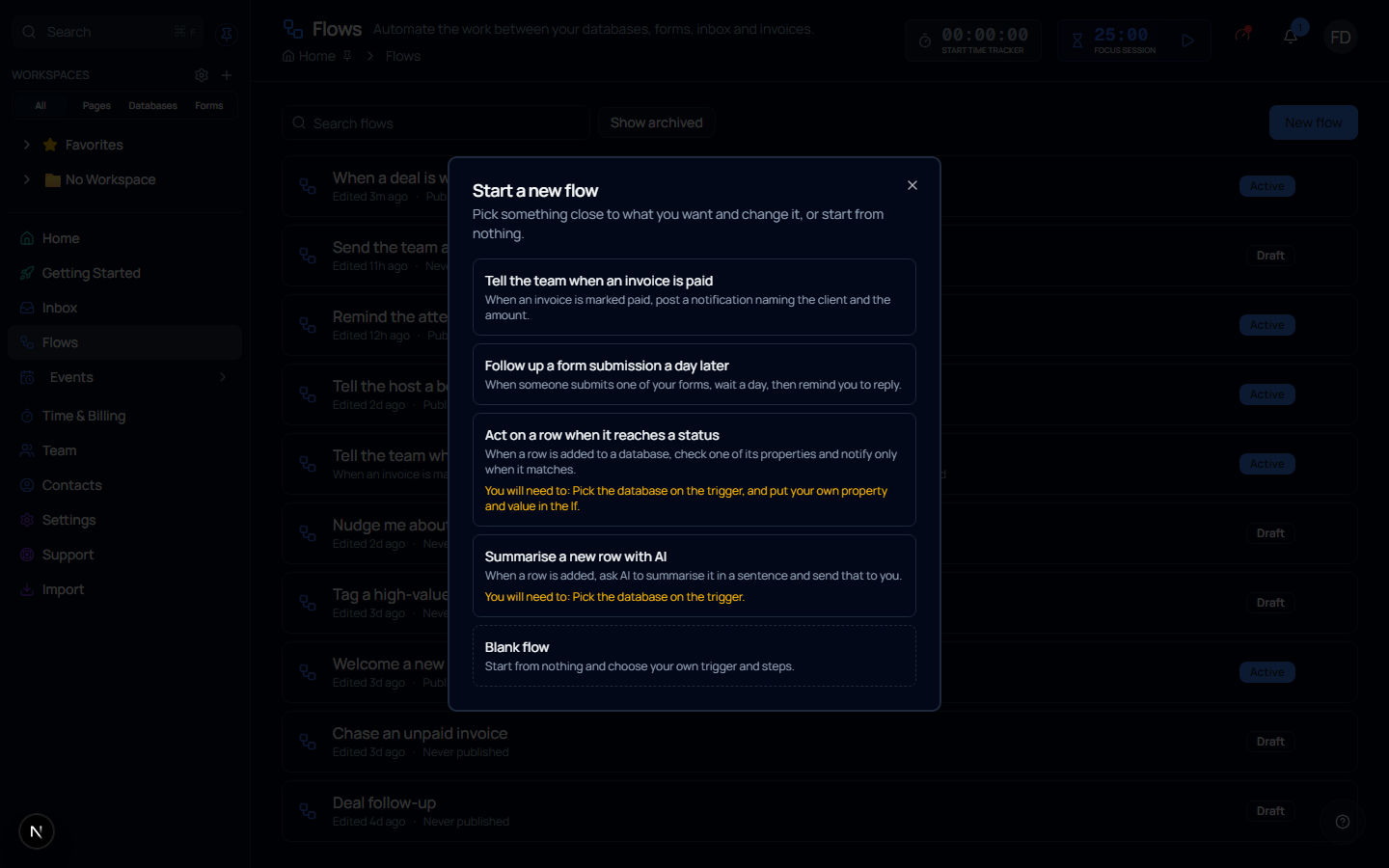 The Start a new flow dialog, listing templates with a short description of each, what you will need to set up, and a Blank flow option at the bottom