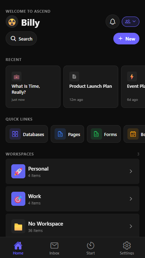 Ascend for Android home screen showing recents, quick links and workspaces