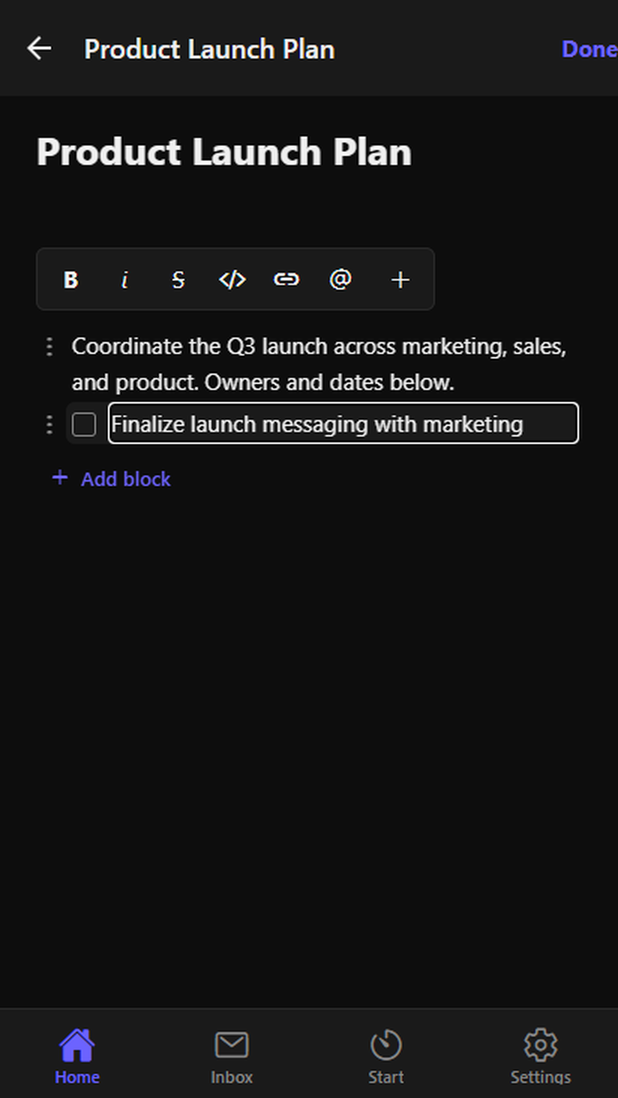 Editing a page with headings and checklists on Android