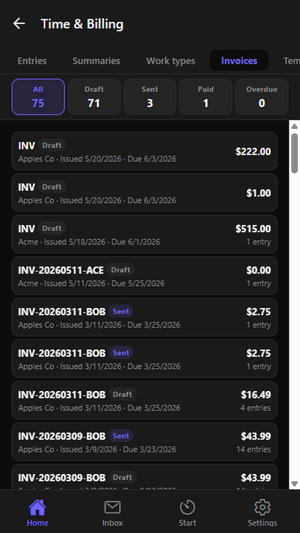 An invoice generated from logged hours on Android
